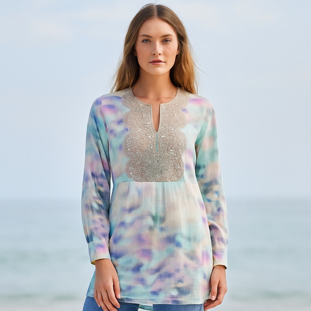 Soft Surroundings S Bazille Tunic Pastel Tie Dye‎ Beaded Embellished Boho Beach